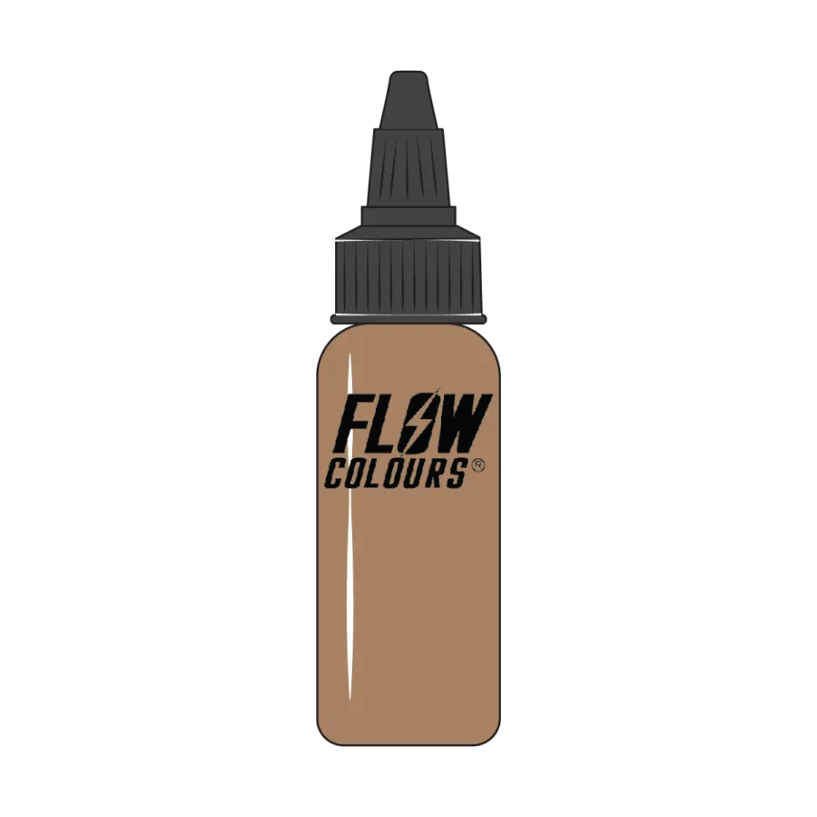 tan Flow Colours 30 ml Tattoo Ink for professional tattoo artists. High-pigment, smooth-flow tattoo ink with bold colour and long-lasting results. Available locally.